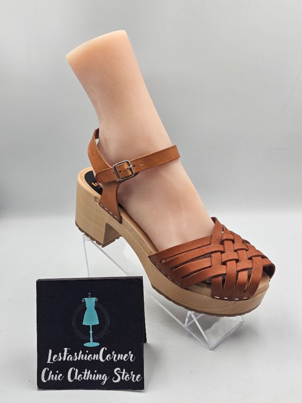 Swedish Hasbeens Womens Braided Tan Leather Sky High Wooden Clogs Sz 9.5 3719 - Picture 15 of 16